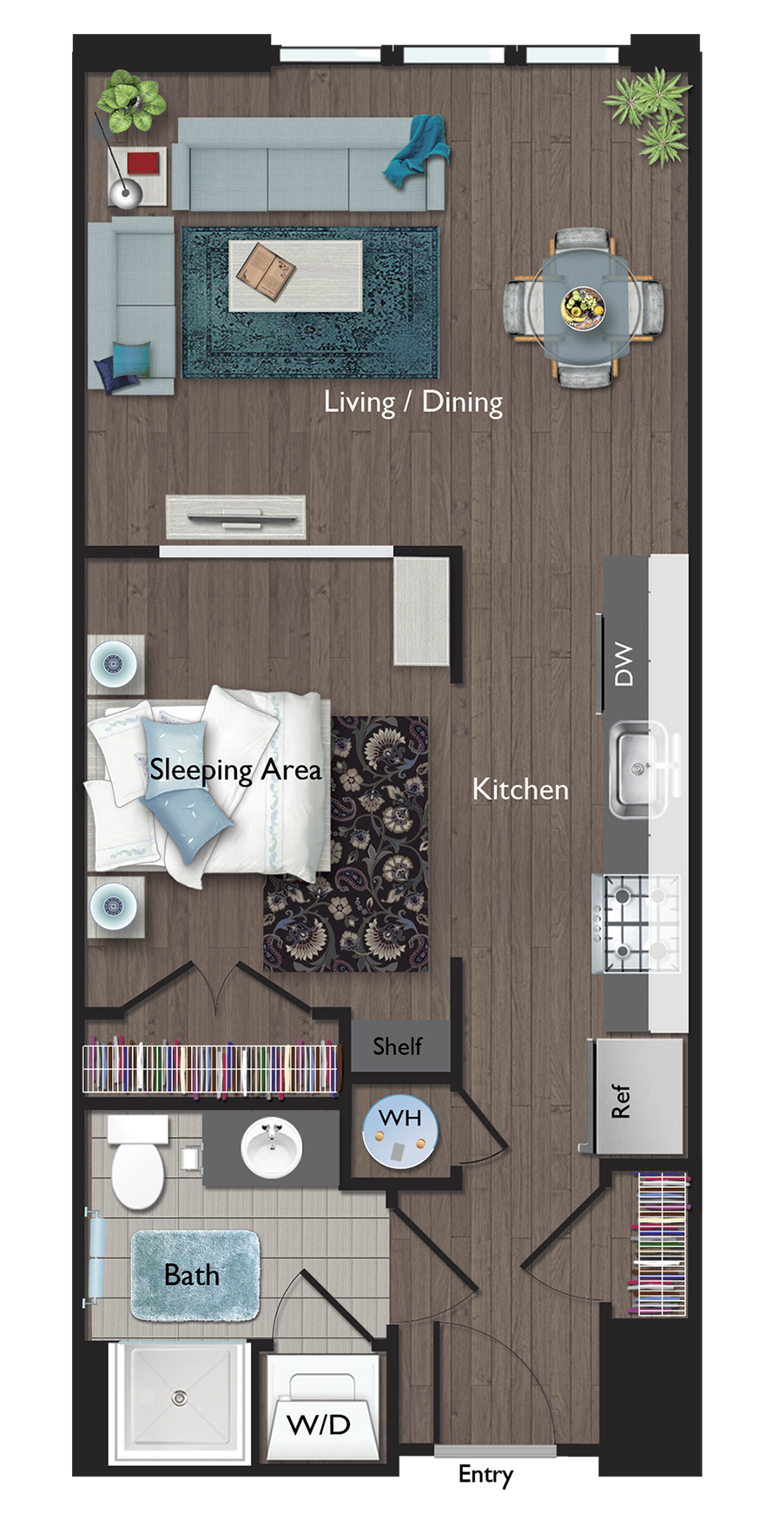 Floor plan for studio, 1 bath, 585 sqft